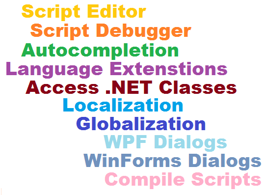 Editor, Debugger, Autocompletion, Language Extensions, .NET Classes, Localization, Globalization, Dialgos, Compile
