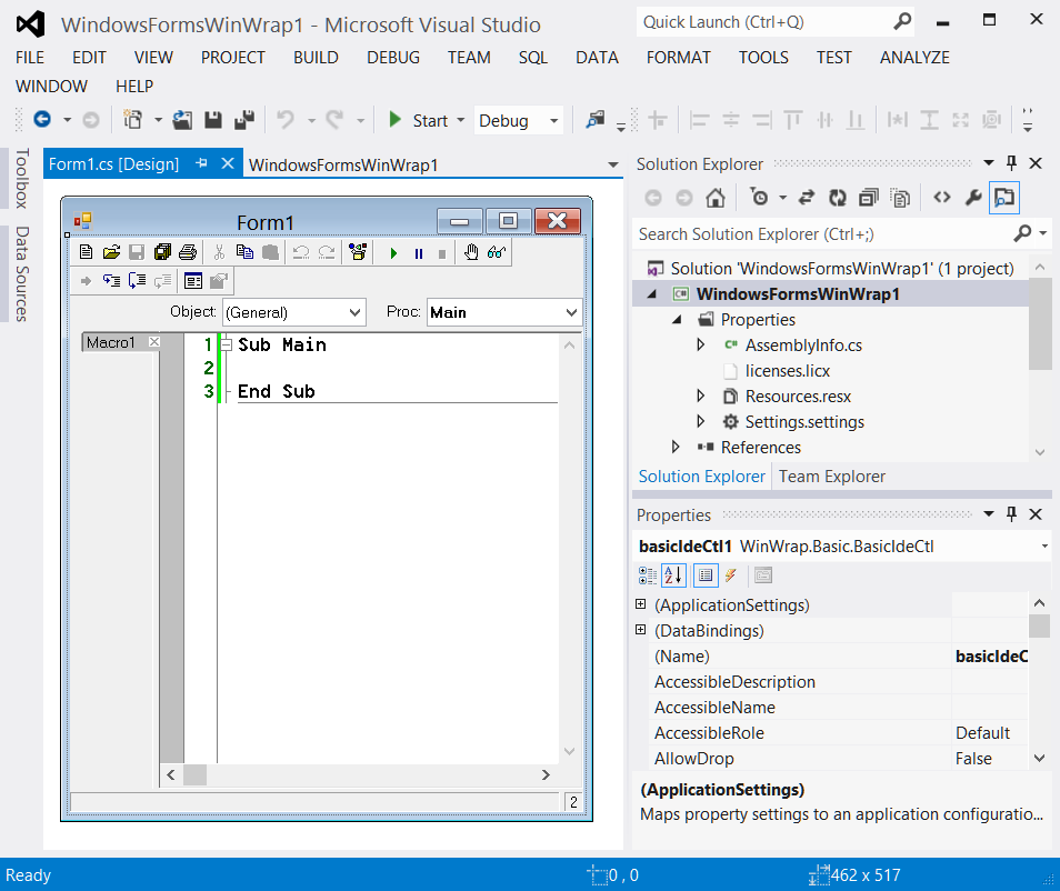 A Visual Studio 2012 project includes the WinWrap Basic IDE control